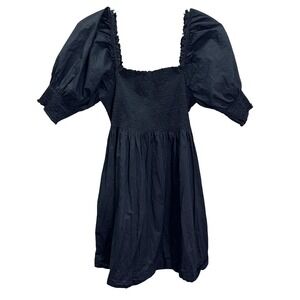 Hill House Home The Nap Dress Black Smocked Puff Sleeve Square Neck Mini Dress M